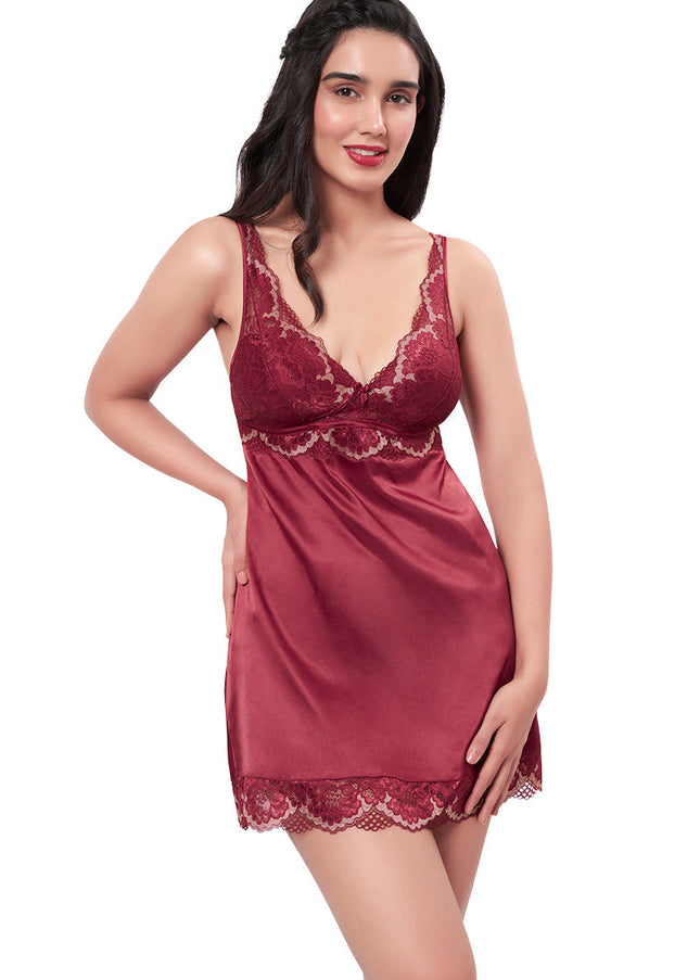 Eternal Bliss Satin Lace Babydoll - Red Berry