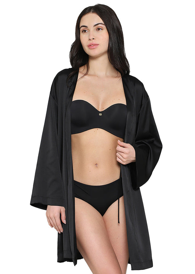 Wacoal Women’s Long Sleeve Knee Length Shiny Finish Bridal Wear Satin Robe-Black