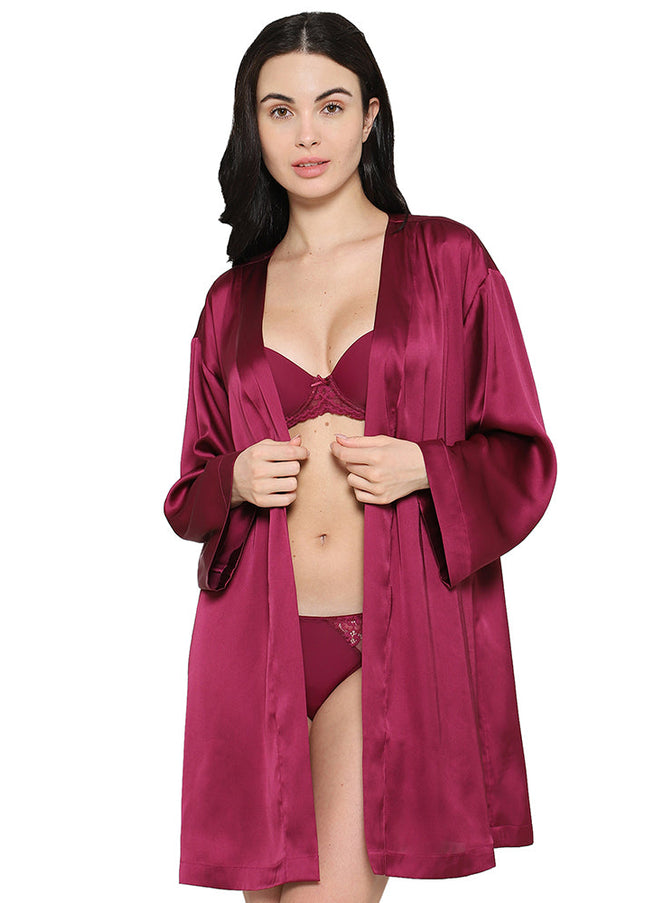 Wacoal Women’s Long Sleeve Knee Length Shiny Finish Bridal Wear Satin Robe-Burgandy