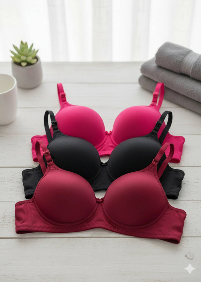 Wonkey Pack of 3 Women Push-up Lightly Padded Bra (Pink, Black, Maroon)
